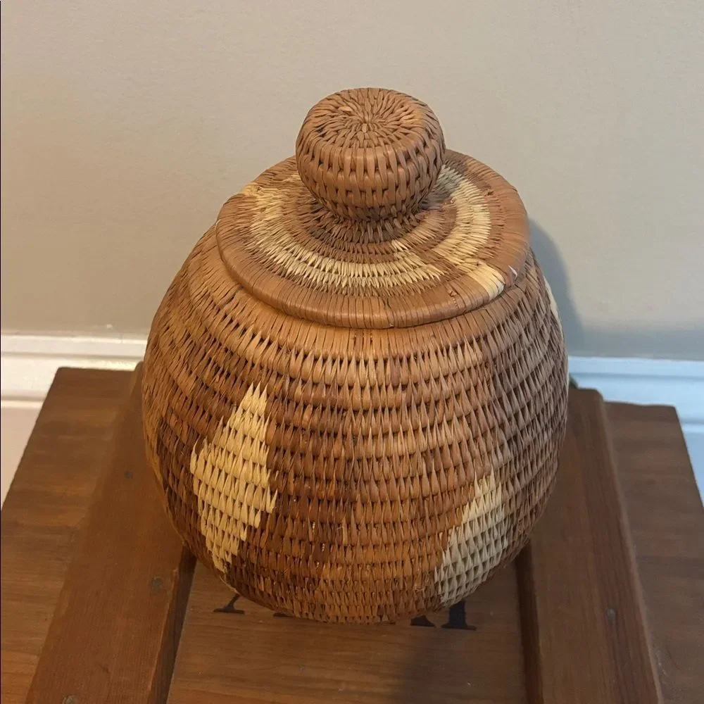 Handcrafted Woven Basket with Lid - Brown and Tan